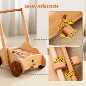 Beright Wooden Baby Walker Push Toy, Learning Educational Walking Toys for Babys Toddles, Adjustable Speed & Height, Natural Beech, not with Building Blocks