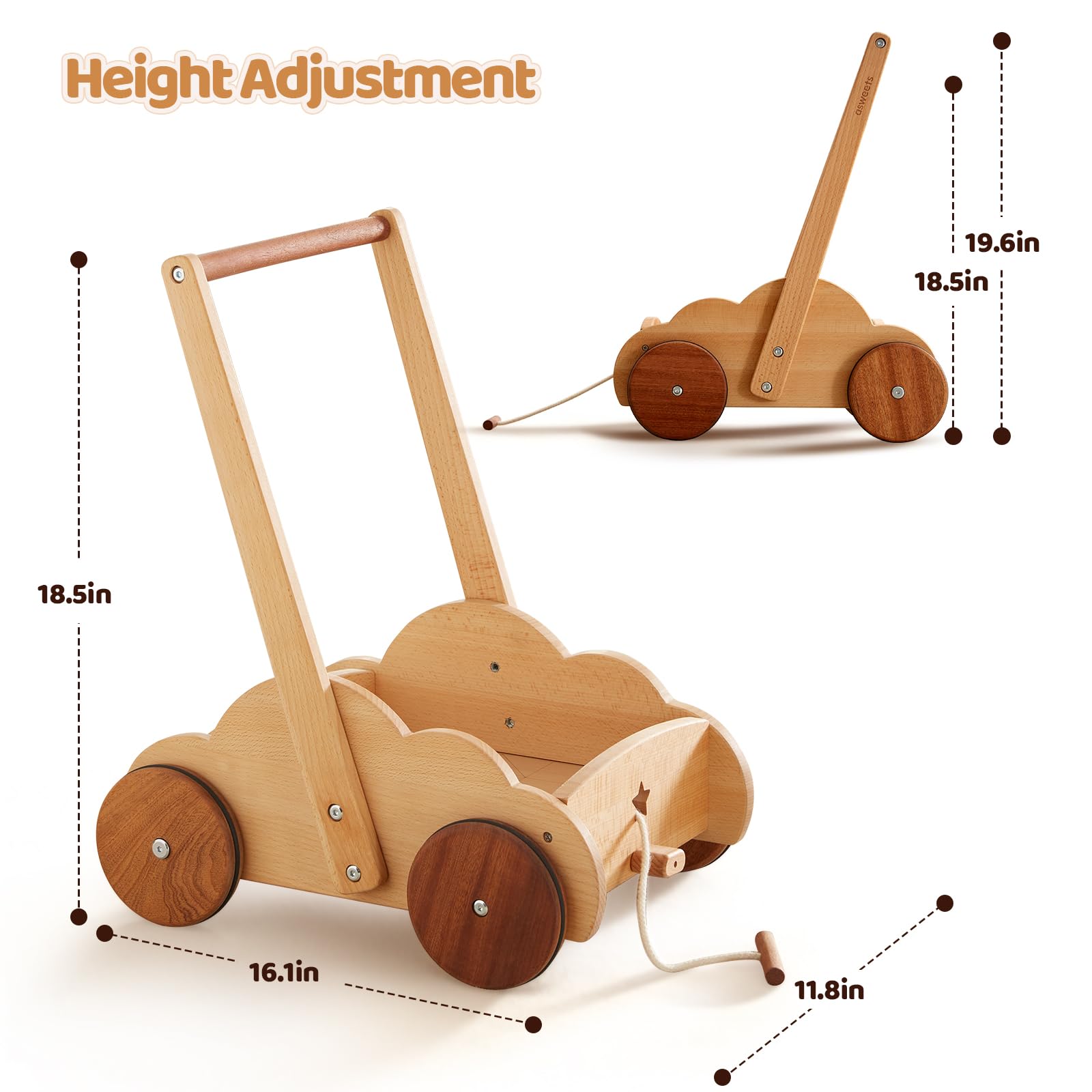 Beright Wooden Baby Walker Push Toy, Learning Educational Walking Toys for Babys Toddles, Adjustable Speed & Height, Natural Beech, not with Building Blocks