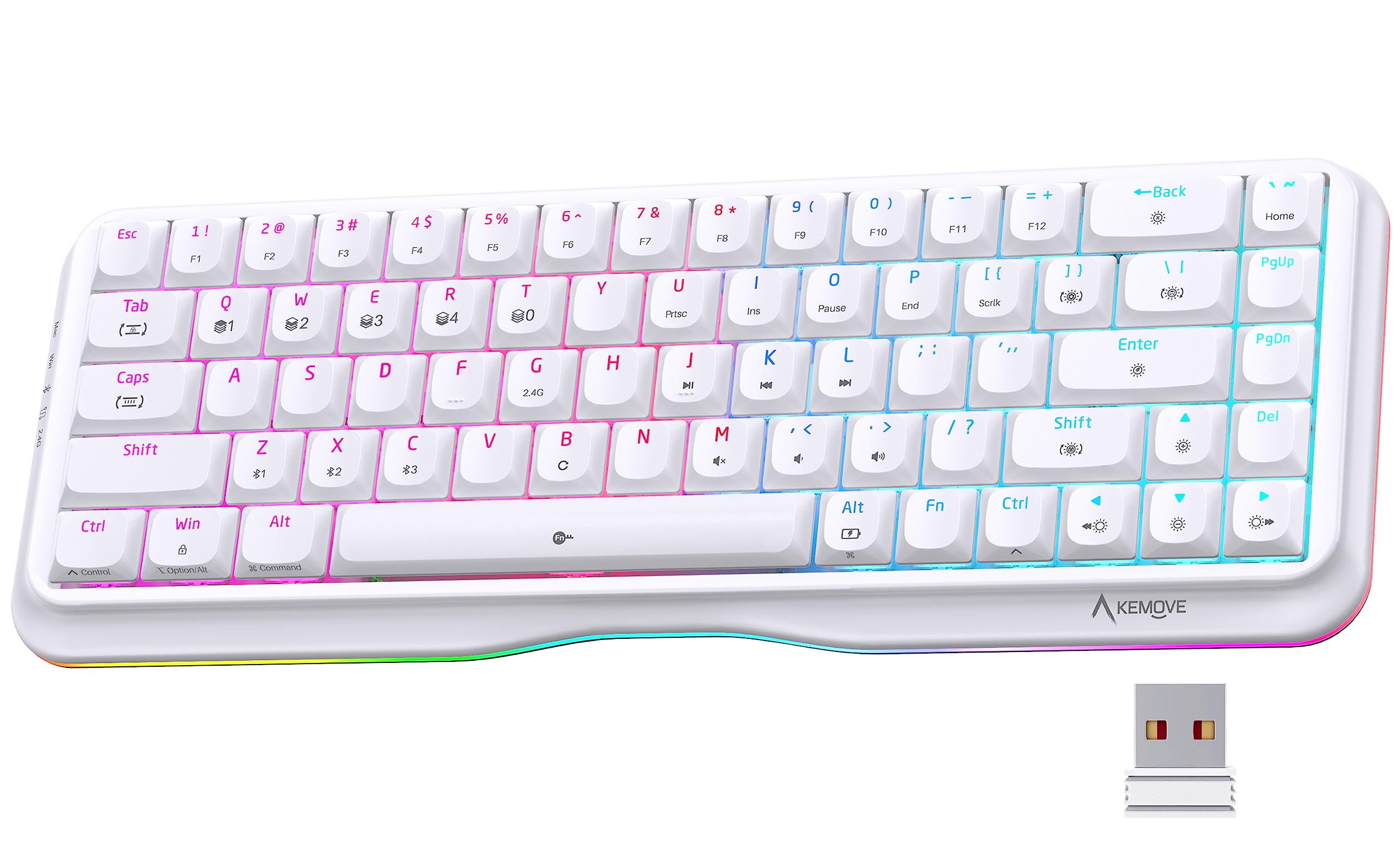 KEMOVE K68 Wireless Mechanical Keyboard Triple Mode 2.4G/BT5.1/USB-C, 60% Gaming Keyboard 68 Keys Hot Swappable Gateron Slive Switches with RGB Backlit/Lighting Strip 3000mAh Battery NKRO, White