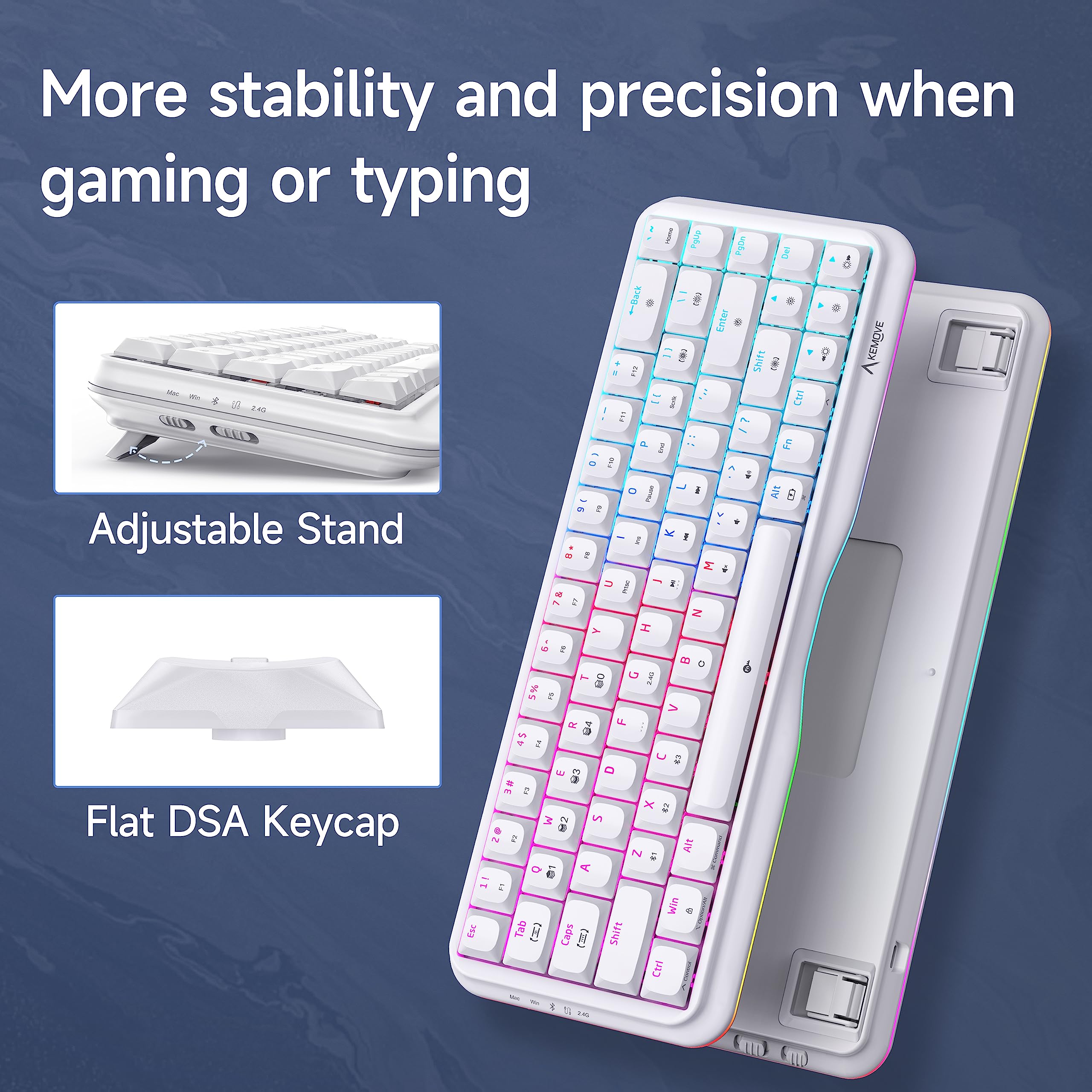 KEMOVE K68 Wireless Mechanical Keyboard Triple Mode 2.4G/BT5.1/USB-C, 60% Gaming Keyboard 68 Keys Hot Swappable Gateron Slive Switches with RGB Backlit/Lighting Strip 3000mAh Battery NKRO, White