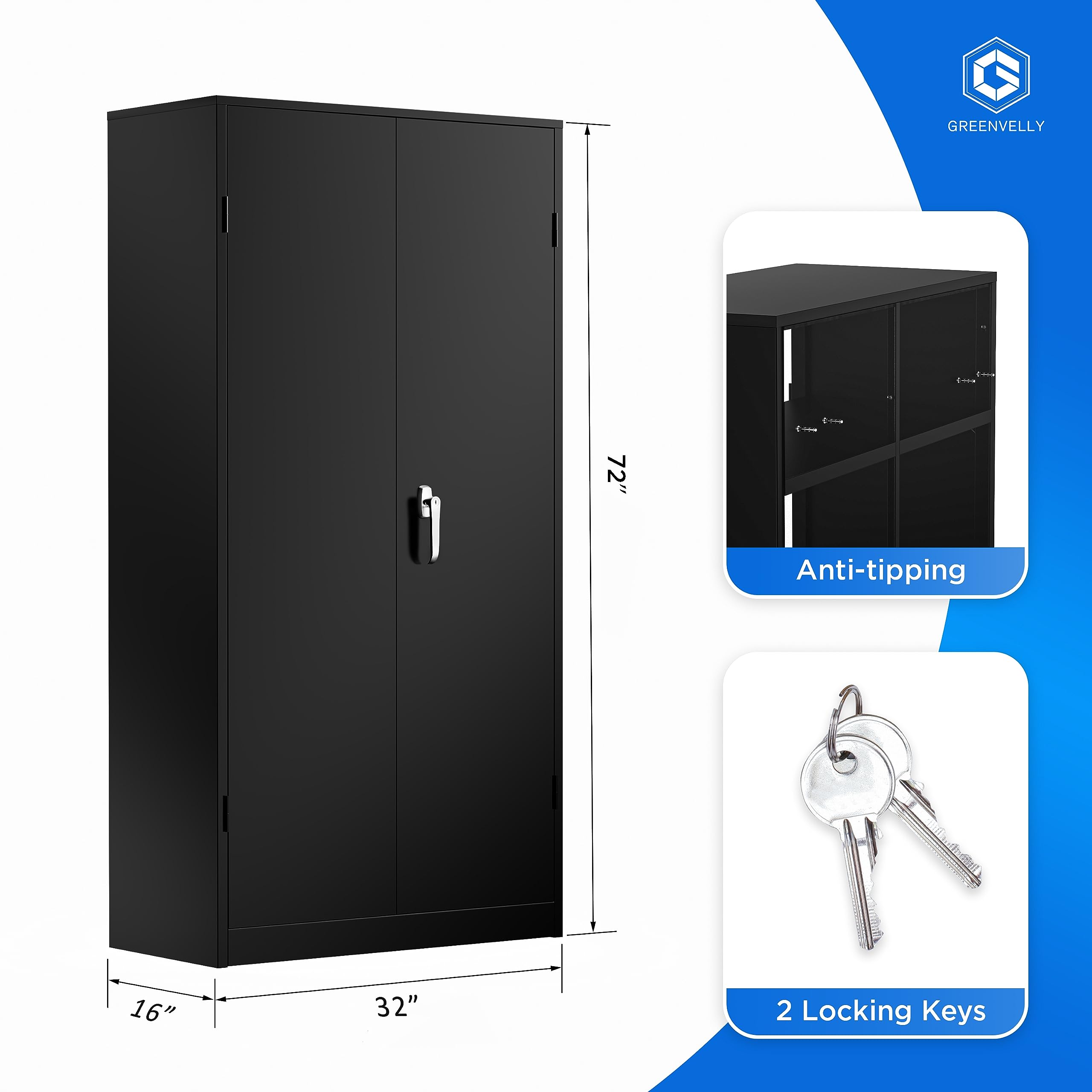 Greenvelly Metal Storage Cabinet, 72" Black Locking Storage Cabinets with Doors and 4 Shelves, Tall Tool Storage Cabinet for Garage, Steel Lockable File Cabinet Metal Locker for Home Office, Classroom