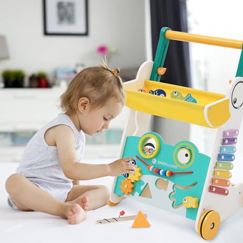 Wooden Baby Push Walker Wooden Push Toy Sit-to-Stand Learning Walkers for Baby Toddlers Baby Walker Activity Center Toys Fishing Game for 1+ Year Girls Boys Multi-Activity Learning Walker