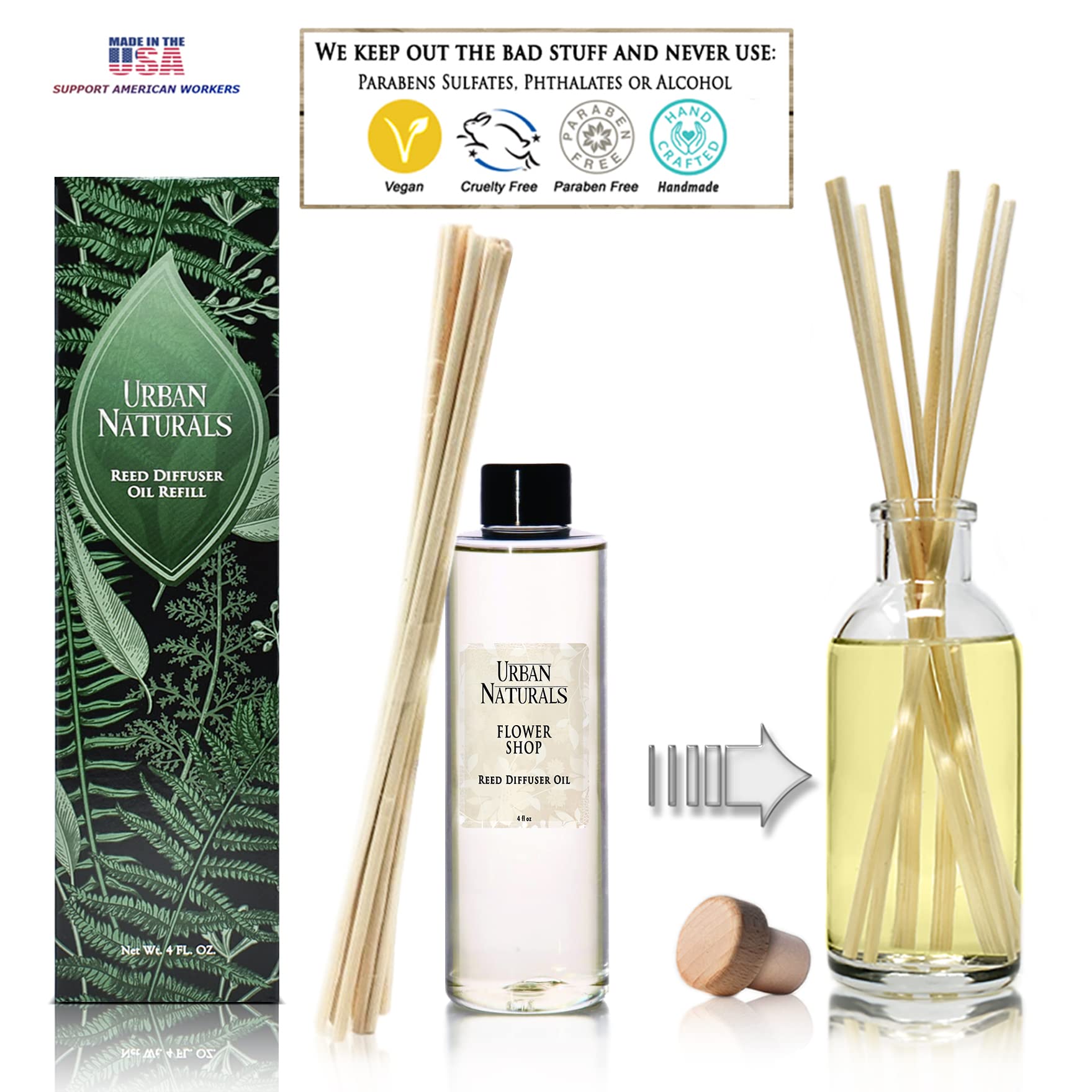 Urban Naturals Flower Shop Scented Oil Reed Diffuser Refill with Free Set of Reed Sticks! Violets, Daisies, Hyacinth & Rose Fragrance Notes