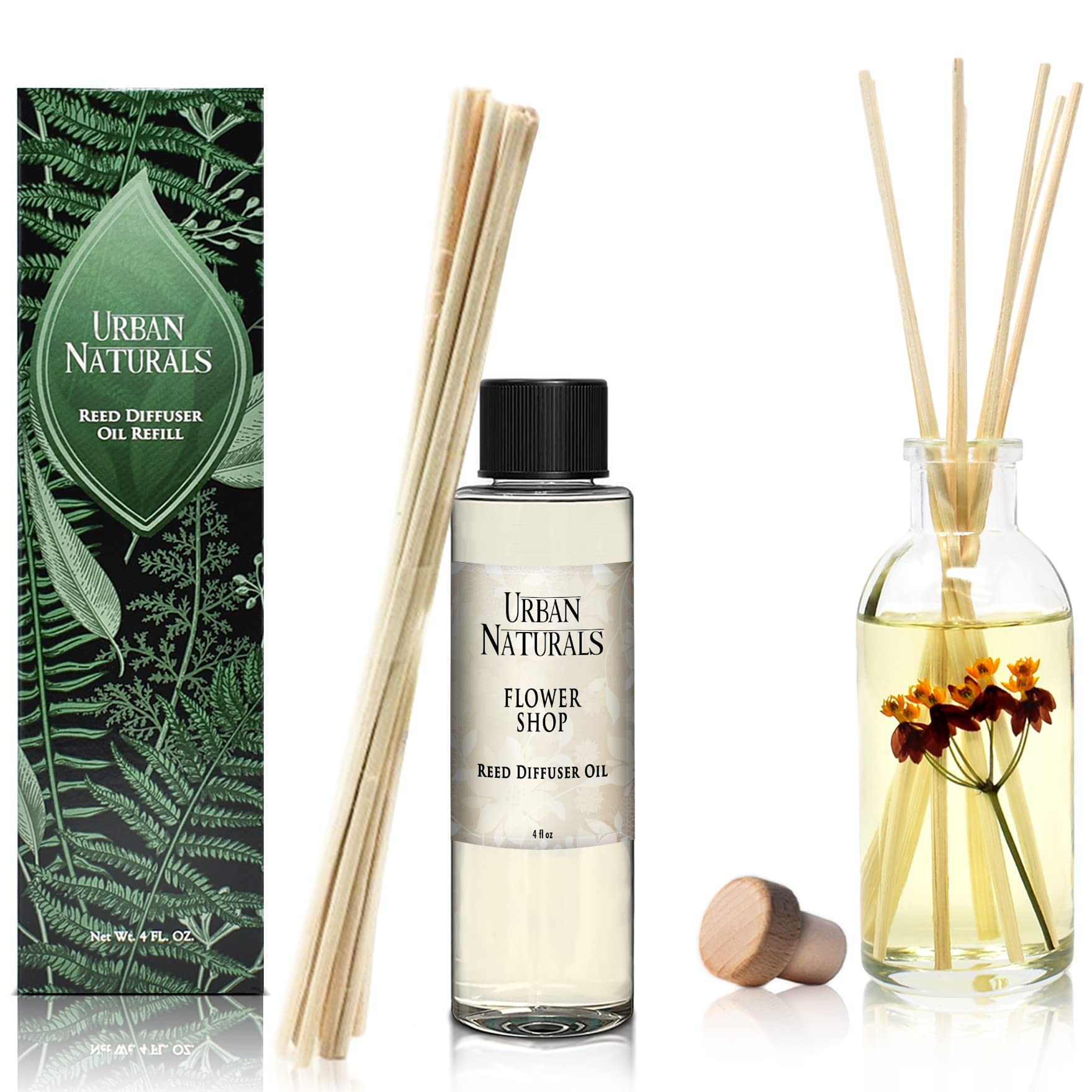 Urban Naturals Flower Shop Scented Oil Reed Diffuser Refill with Free Set of Reed Sticks! Violets, Daisies, Hyacinth & Rose Fragrance Notes