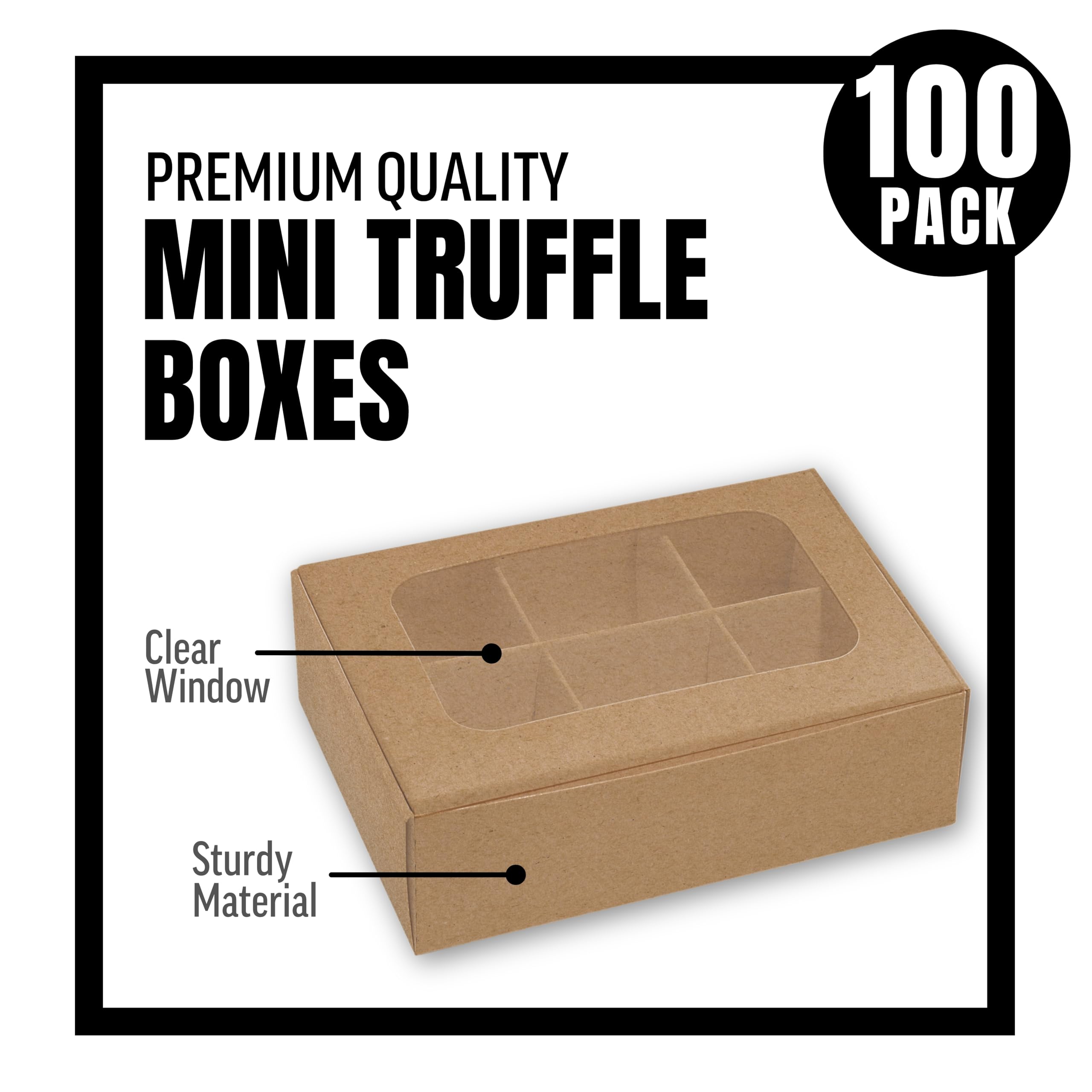 Modsy Baking Mini Truffle Boxes - Kraft | VERY SMALL 6 Treats - Window and Dividers | 5 x 3.5 x 1.57 Inches | Pack of 100