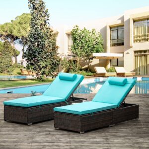 CEMKAR Outdoor PE Wicker Chaise Lounge/ 2 Piece Patio Rattan Reclining Chair Furniture Set/Beach Pool Adjustable Backrest Recliners with Side Table and Removable Cushions (Brown and Blue)