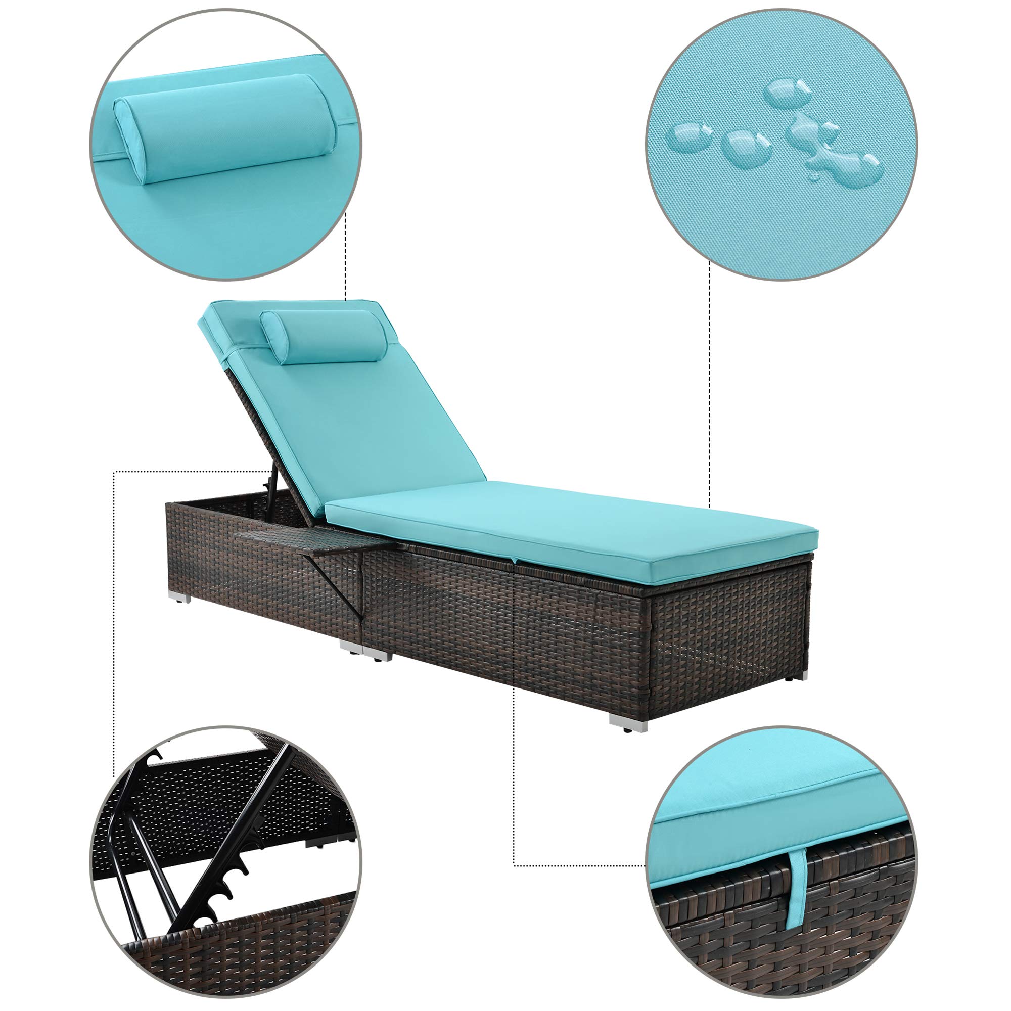 CEMKAR Outdoor PE Wicker Chaise Lounge/ 2 Piece Patio Rattan Reclining Chair Furniture Set/Beach Pool Adjustable Backrest Recliners with Side Table and Removable Cushions (Brown and Blue)