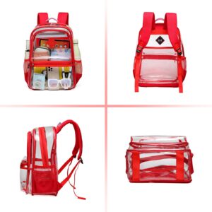 ASKSKY Clear Backpack for School, Thriple Compartments Heavy Duty Clear Bookbag PVC Transparent Backpack See Through Backpack for Boys Girls Women Men for Stadium Events College Work,Red