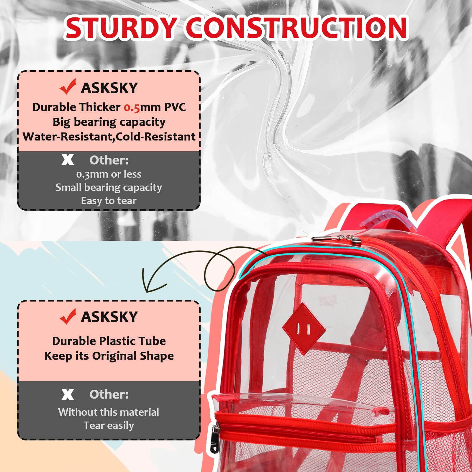 ASKSKY Clear Backpack for School, Thriple Compartments Heavy Duty Clear Bookbag PVC Transparent Backpack See Through Backpack for Boys Girls Women Men for Stadium Events College Work,Red