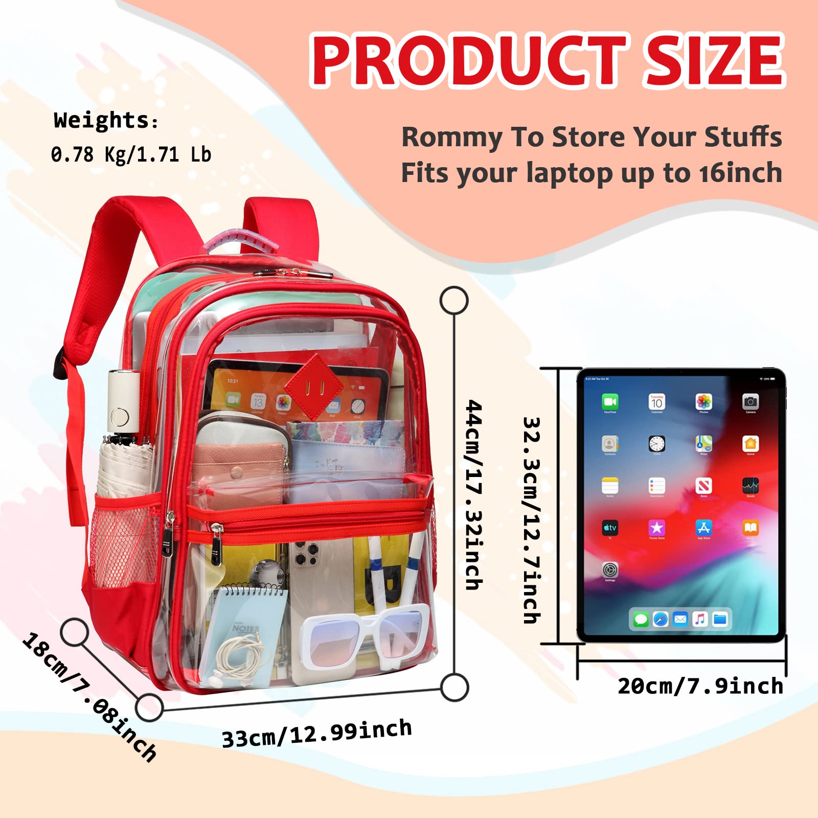 ASKSKY Clear Backpack for School, Thriple Compartments Heavy Duty Clear Bookbag PVC Transparent Backpack See Through Backpack for Boys Girls Women Men for Stadium Events College Work,Red