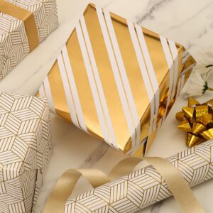 AUCLAY Reversible Wrapping Paper for Birthday Christmas Wedding Baby Shower Holiday - Gold Foil Stripe and Geometric Design - All Occasion Gift Wrap Paper Roll, 17.7 Inch X 33 Feet