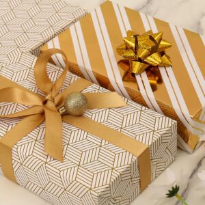 AUCLAY Reversible Wrapping Paper for Birthday Christmas Wedding Baby Shower Holiday - Gold Foil Stripe and Geometric Design - All Occasion Gift Wrap Paper Roll, 17.7 Inch X 33 Feet