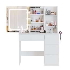 Vabches White Vanity Desk with Mirror and Lights, Makeup Vanity with Lights 4 Drawers, Vanity Table with Power Outlet & Sliding Door, 3 Lighting Colors, 37inch