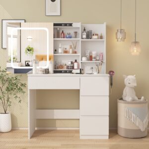 Vabches White Vanity Desk with Mirror and Lights, Makeup Vanity with Lights 4 Drawers, Vanity Table with Power Outlet & Sliding Door, 3 Lighting Colors, 37inch