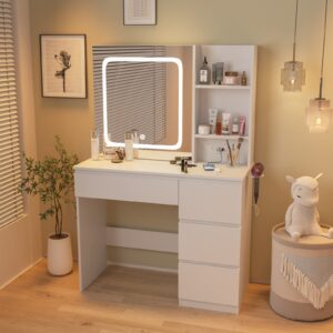 Vabches White Vanity Desk with Mirror and Lights, Makeup Vanity with Lights 4 Drawers, Vanity Table with Power Outlet & Sliding Door, 3 Lighting Colors, 37inch