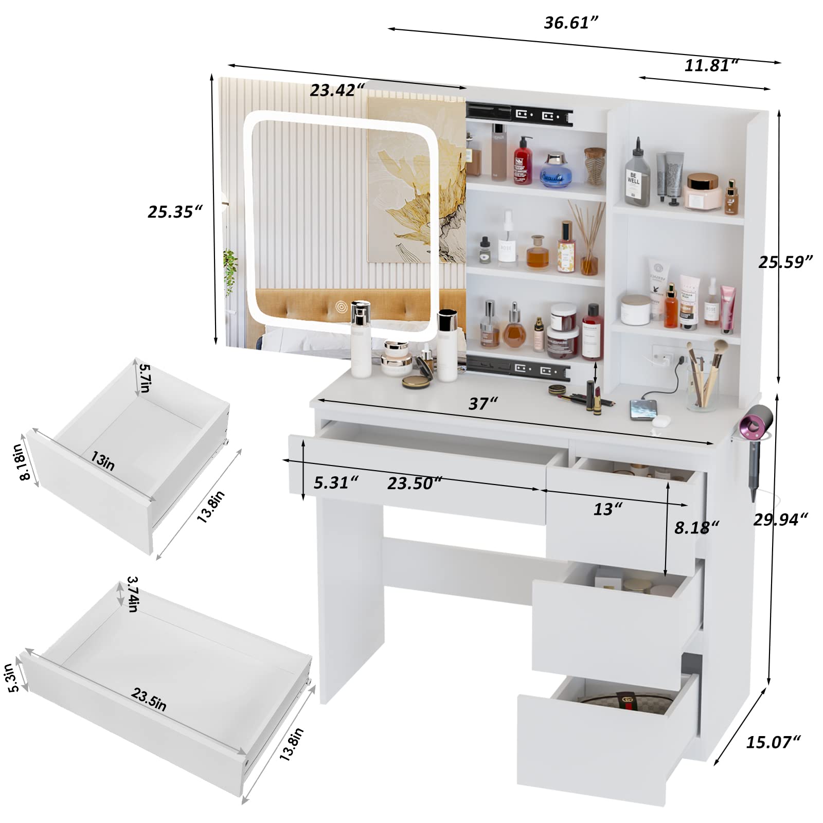 Vabches White Vanity Desk with Mirror and Lights, Makeup Vanity with Lights 4 Drawers, Vanity Table with Power Outlet & Sliding Door, 3 Lighting Colors, 37inch