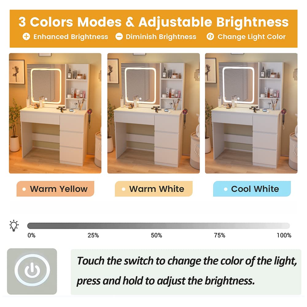 Vabches White Vanity Desk with Mirror and Lights, Makeup Vanity with Lights 4 Drawers, Vanity Table with Power Outlet & Sliding Door, 3 Lighting Colors, 37inch