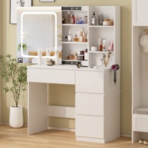 Vabches White Vanity Desk with Mirror and Lights, Makeup Vanity with Lights 4 Drawers, Vanity Table with Power Outlet & Sliding Door, 3 Lighting Colors, 37inch