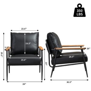 GYI Black Leather Accent Chair Set of 2, 23.6'' Wide Armchair Set of 2, Industrial Black Metal Frame Accent Chairs with Wood Arms, Mid-Century Modern Comfy Sofa Chair for Living Room, Bedroom