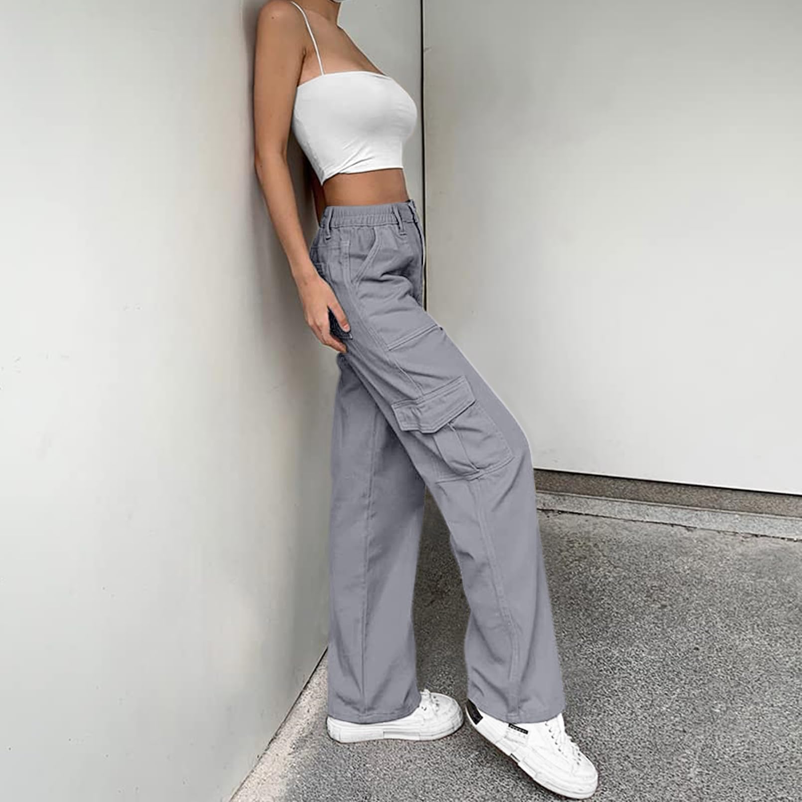 Womens Baggy Cargo Pants y2k Jeans Parachute Pants Teen Girls Wide Leg Trousers Trendy Clothes Hiking Pants Blue Grey