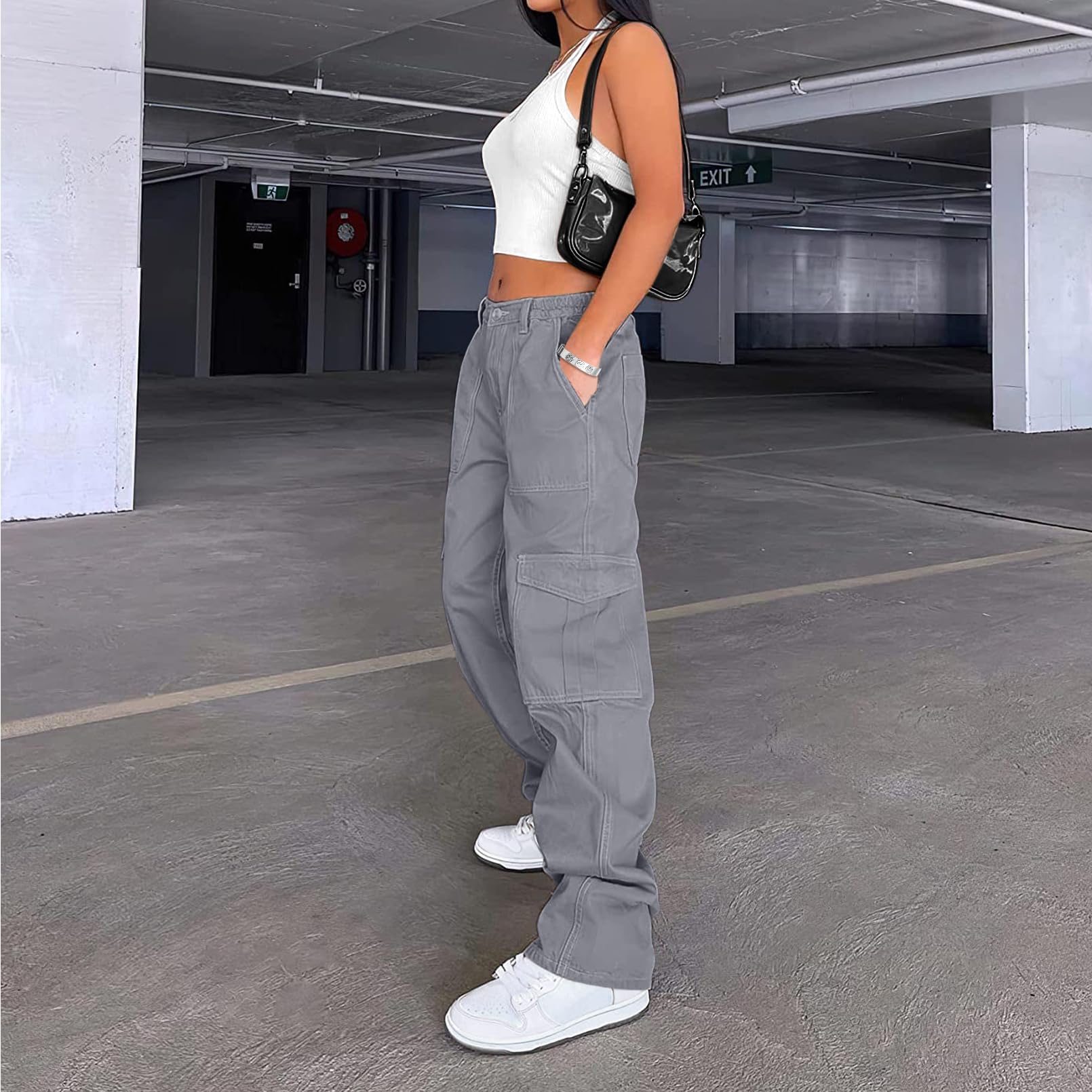 Womens Baggy Cargo Pants y2k Jeans Parachute Pants Teen Girls Wide Leg Trousers Trendy Clothes Hiking Pants Blue Grey