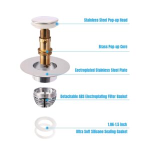 AJOMAN Universal Bathroom Sink Strainer Stopper, Sink Drain Strainer Brass Core Push Type Basin Pop-Up Drain Filter 1.1-1.5 Inch, Bathtub Converter with Anti Clogging Filter Basket Hair Catcher