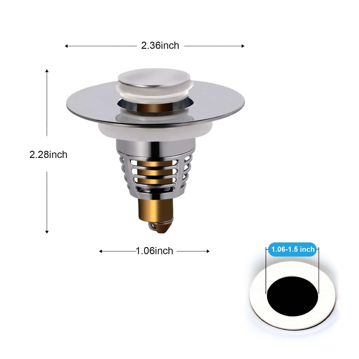 AJOMAN Universal Bathroom Sink Strainer Stopper, Sink Drain Strainer Brass Core Push Type Basin Pop-Up Drain Filter 1.1-1.5 Inch, Bathtub Converter with Anti Clogging Filter Basket Hair Catcher