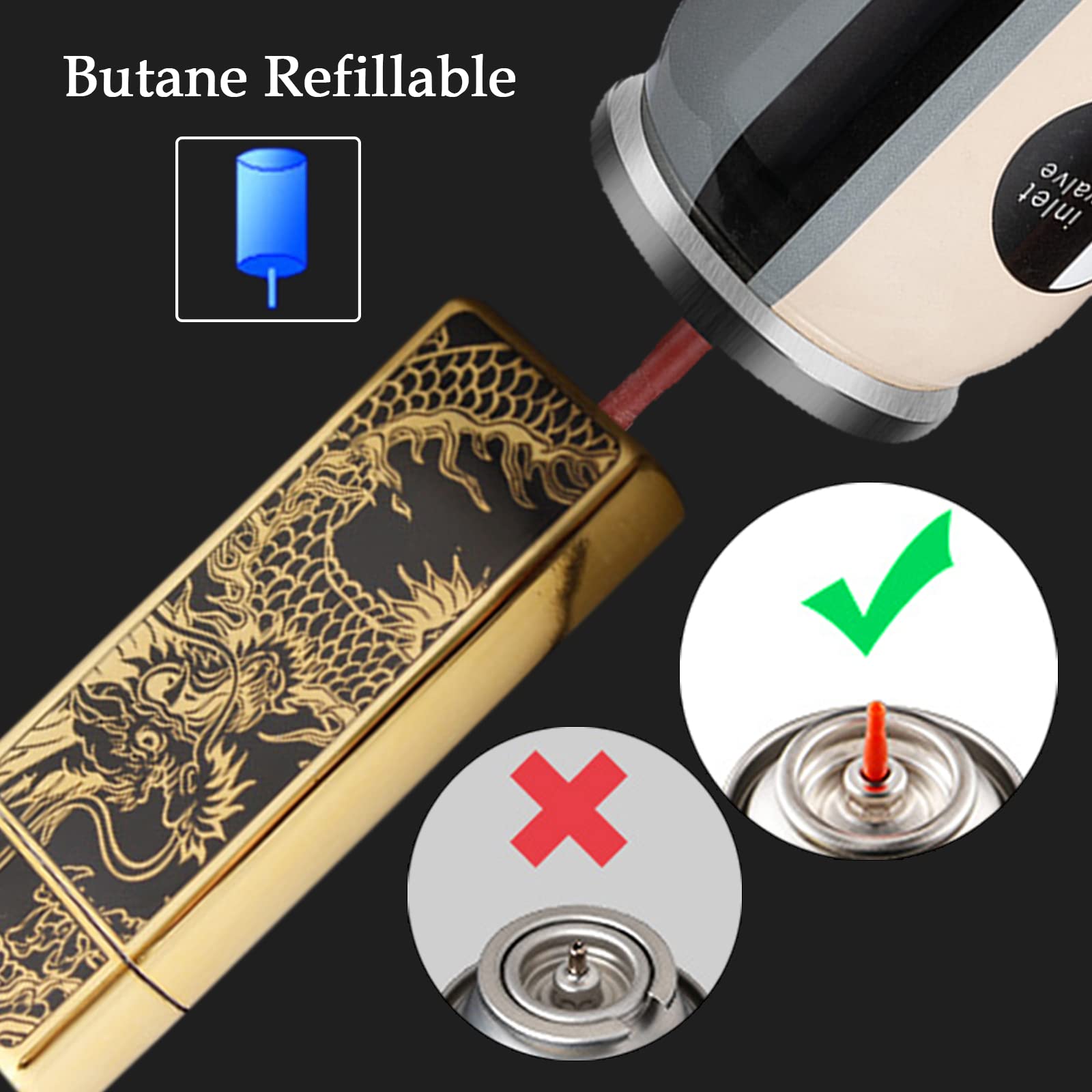 Windproof Butane Gas Filled Lighter, Jet Flame Dragon Lighter, Refillable Torch Lighter with Adjustable Flame for Camping, Outdoor Activities, Candles and More - Lightweight, Stylish and Portable-Gold