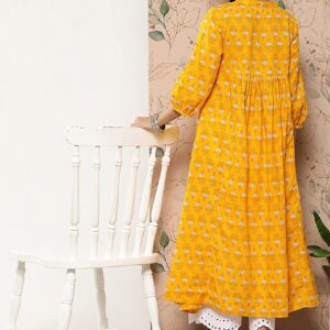 Janasya Indian Women's Mustard Cotton Botanical Printed Flared Kurta