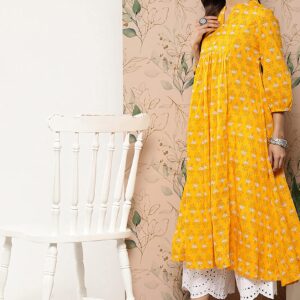 Janasya Indian Women's Mustard Cotton Botanical Printed Flared Kurta