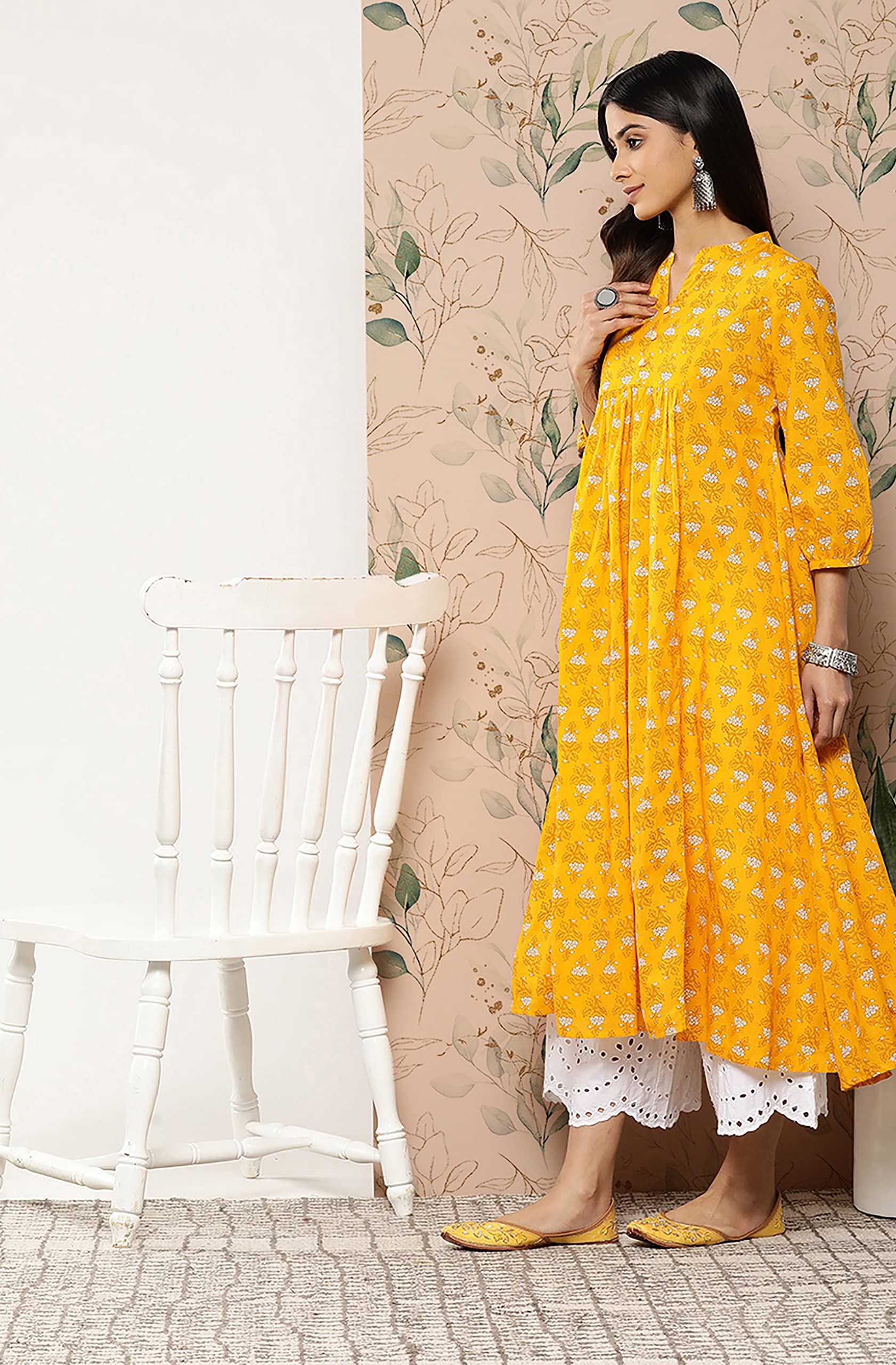 Janasya Indian Women's Mustard Cotton Botanical Printed Flared Kurta