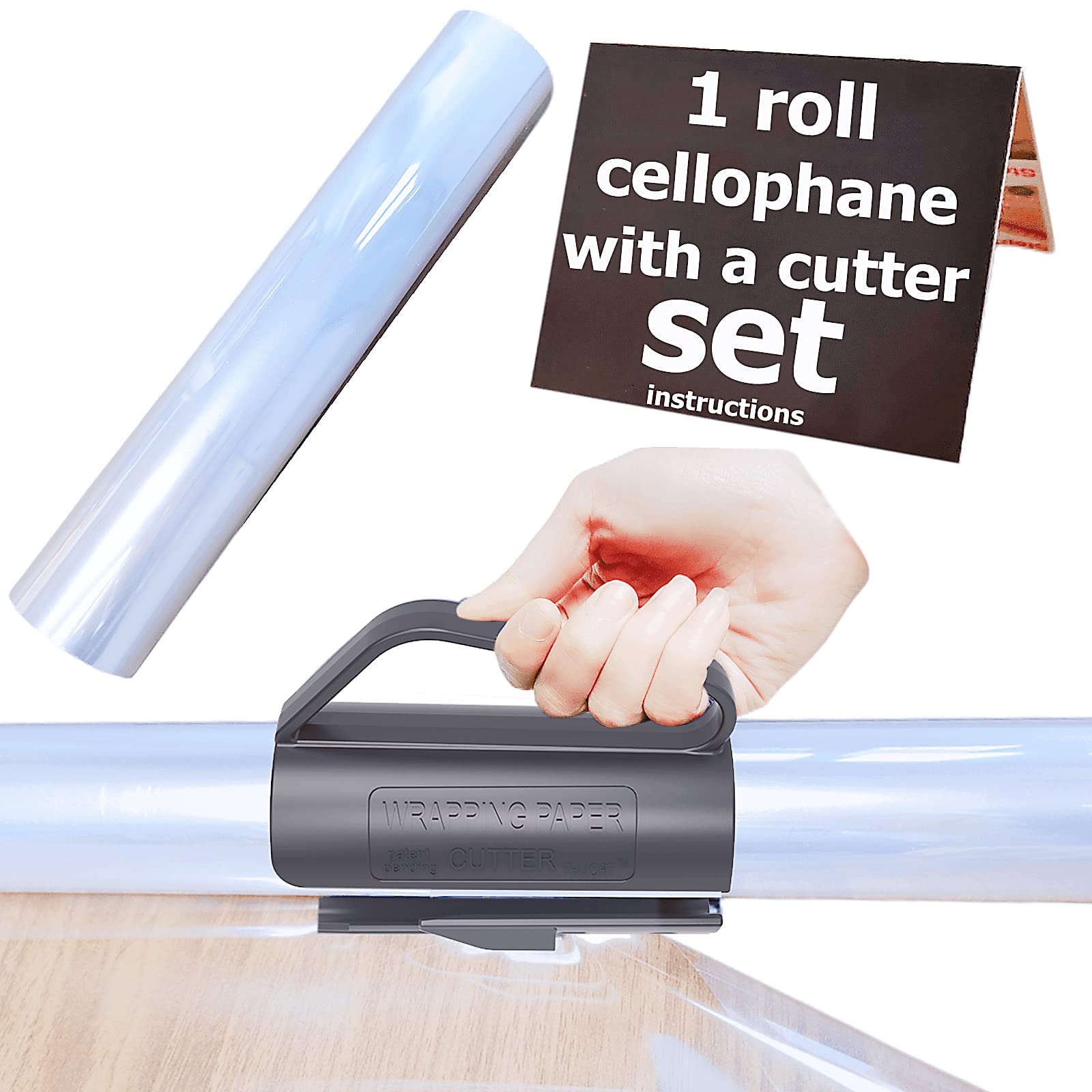 THMORT Clear Cellophane Wrap Roll with a Cutter Dispenser Set for Gift Wrap 16 Inch X 100 Feet Fruit Food Package Thick Cellophane Roll for Basket Gift Arts Craft wrapping Cellophane