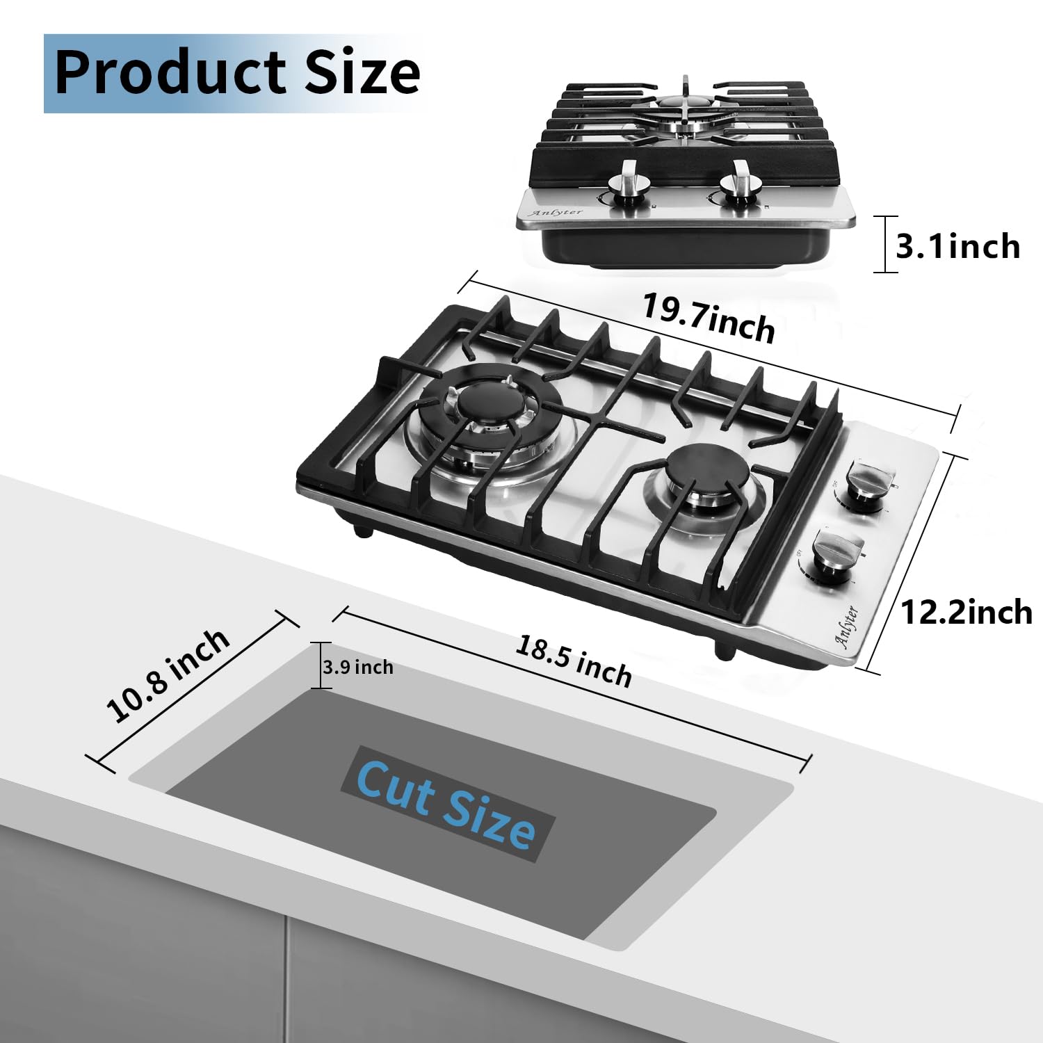 Anlyter 12 Inch Gas Cooktop, 2 Burners Built-in Gas Stovetop Stainless Steel Gas Stove Top Propane/Natural Gas Convertible Sealed Gas Cooktop for RVs, Apartments, Outdoor