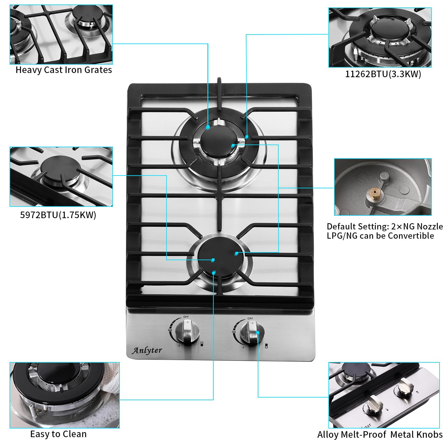 Anlyter 12 Inch Gas Cooktop, 2 Burners Built-in Gas Stovetop Stainless Steel Gas Stove Top Propane/Natural Gas Convertible Sealed Gas Cooktop for RVs, Apartments, Outdoor