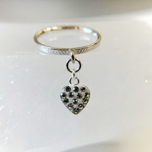 Heart Charm Ring, Dainty Clear Crystal Pave Charm Ring, Textured Band, Smooth Band, Sterling Silver Ring, Stackable Ring, Custom Size 5 6 7 8. Jewelry Inspirations