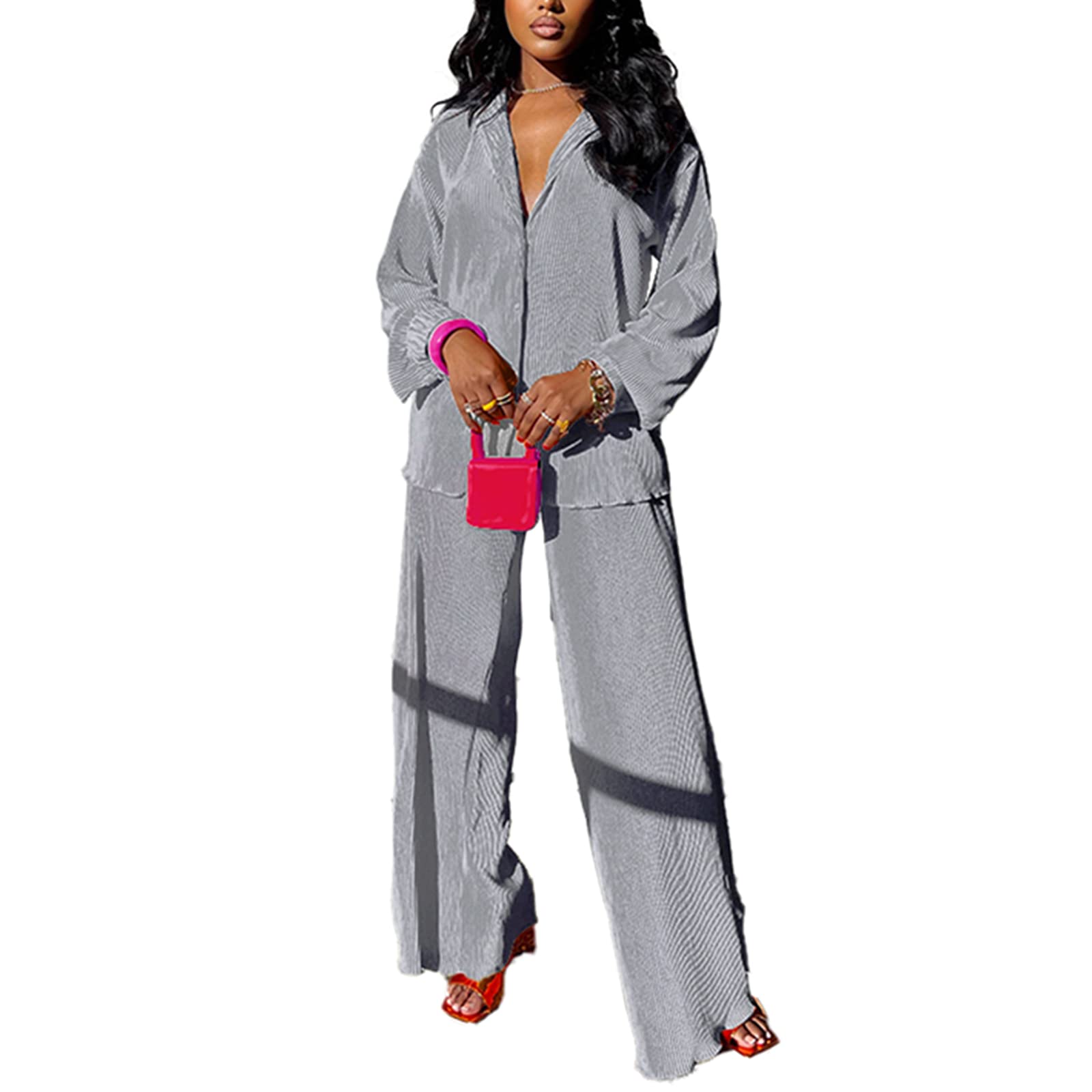 kaimimei Casual 2 Piece Outfit for Women - Linen Long Sleeve Button Down Shirt + Flare Pleated Wide Leg Pants Sets Streetwear