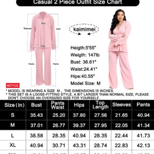 kaimimei Casual 2 Piece Outfit for Women - Linen Long Sleeve Button Down Shirt + Flare Pleated Wide Leg Pants Sets Streetwear