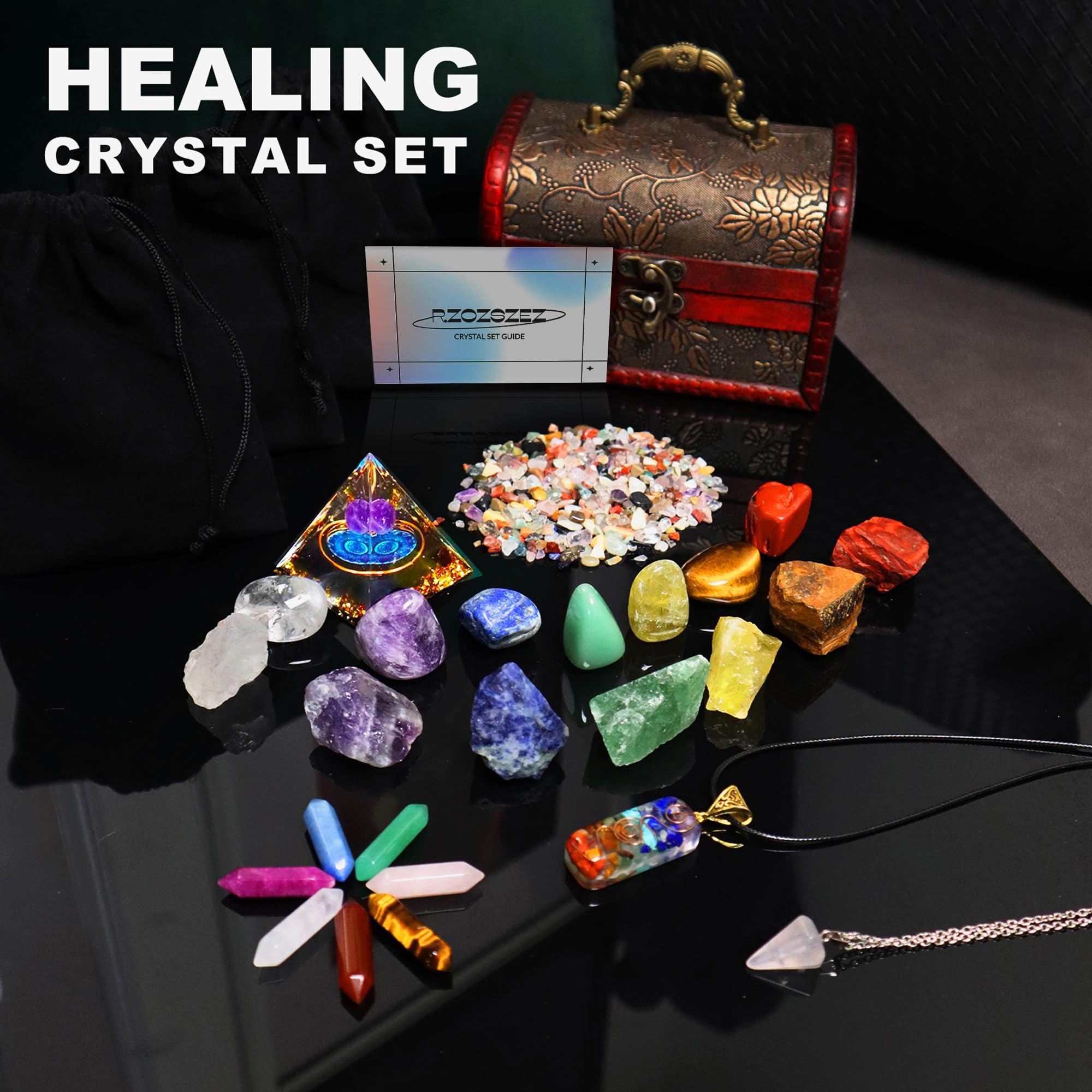 29pcs Healing Crystals Set, Crystals and Healing Stones,7 Raw Chakra Stones,7 Tumbled Stones, 7 Bullet Shaped Chakra Stones, 2 Chakra Necklace, Crystal Pyramid, Crystal Sets for Healing,Crystal Gifts