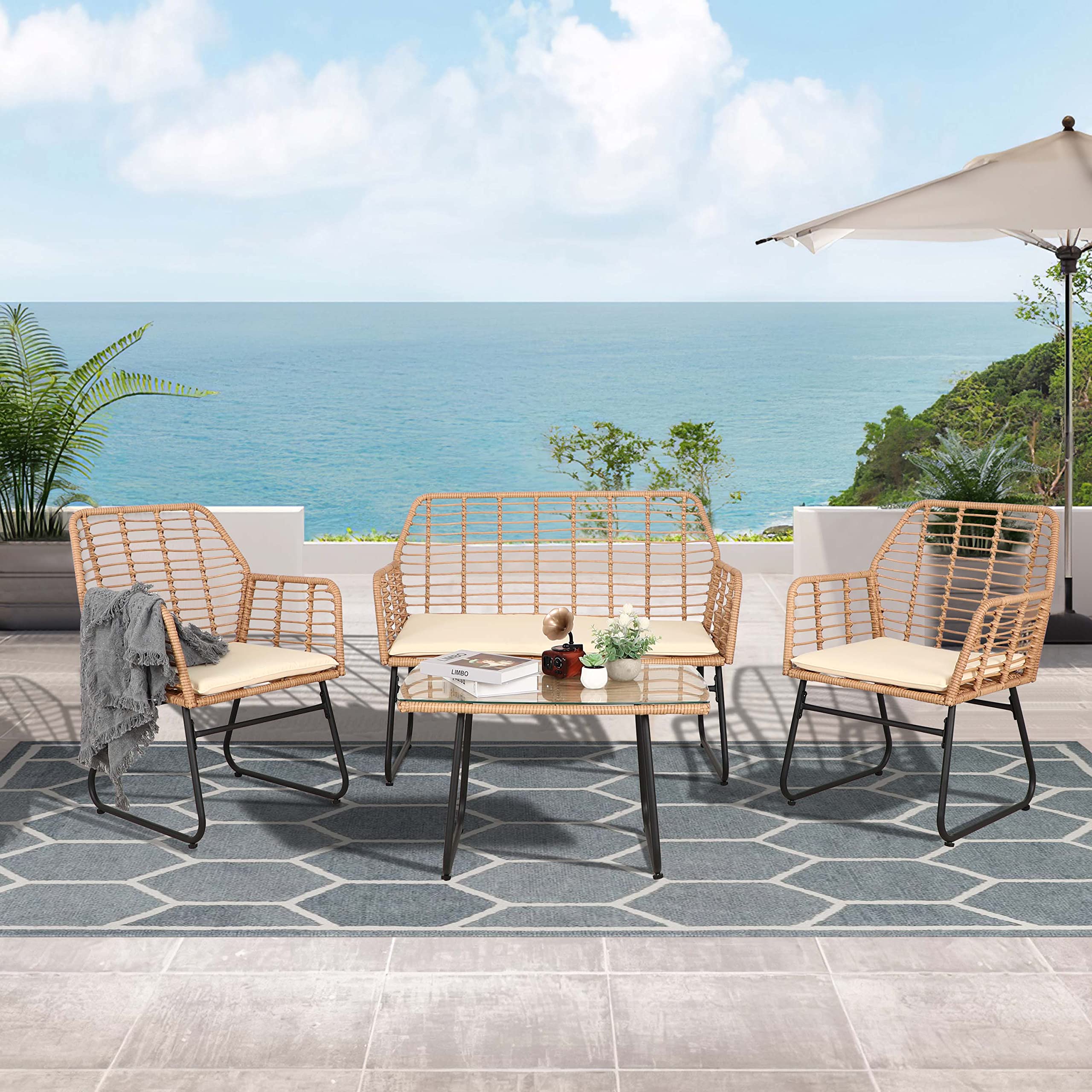 PAOLFOX 4 Piece Patio Conversation Sets,Wicker Patio Furniture Sets,Outdoor Patio Furniture,Outside Furniture,Backyard Furniture,Front Porch Furniture,Beige