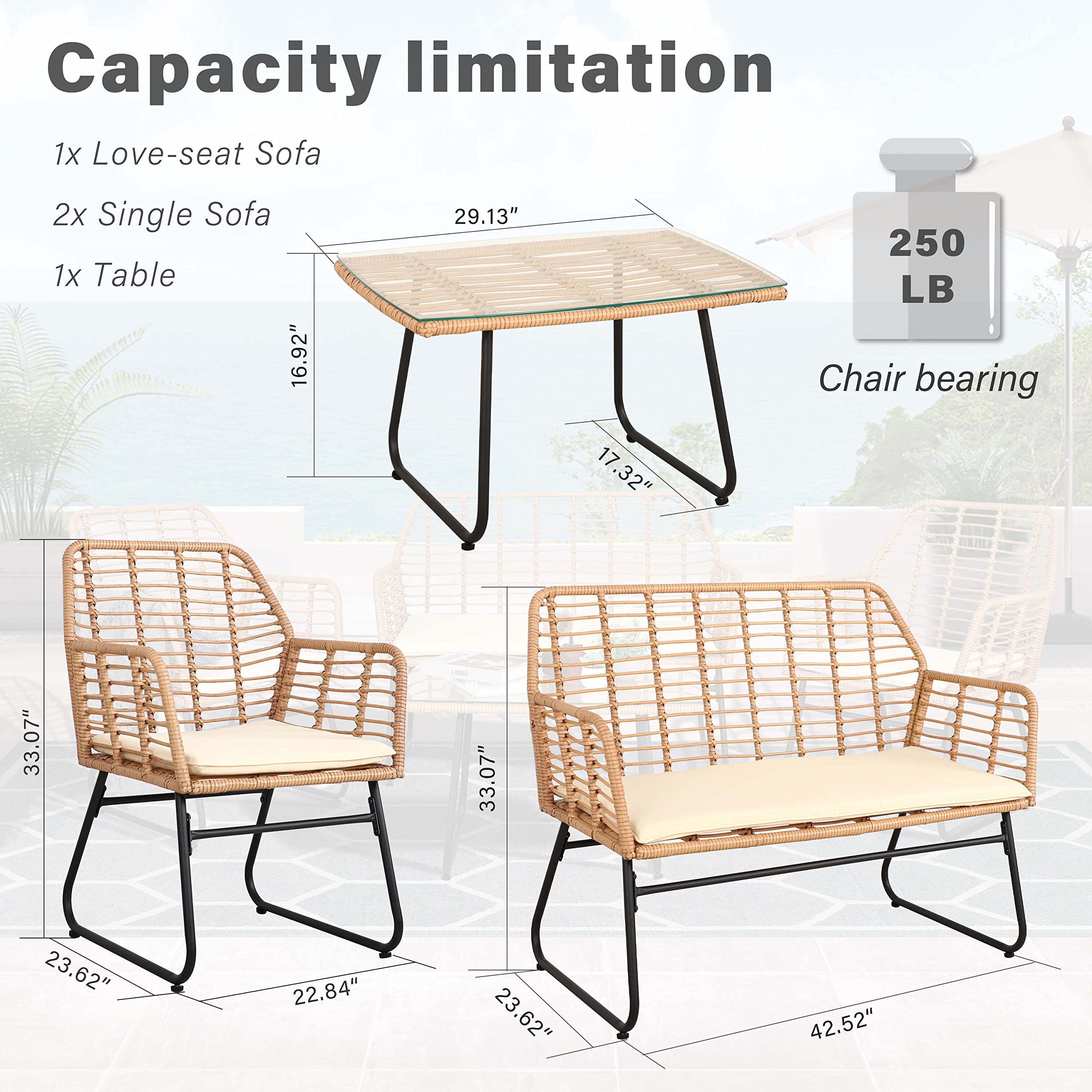 PAOLFOX 4 Piece Patio Conversation Sets,Wicker Patio Furniture Sets,Outdoor Patio Furniture,Outside Furniture,Backyard Furniture,Front Porch Furniture,Beige