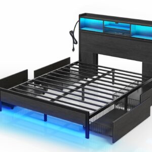 Rolanstar Full Bed Frame with Storage Headboard, Metal Platform Bed with Charging Station, LED, 4 Drawers, Bookcase Storage, No Box Spring Needed, Easy Assembly, Noise-Free, Black