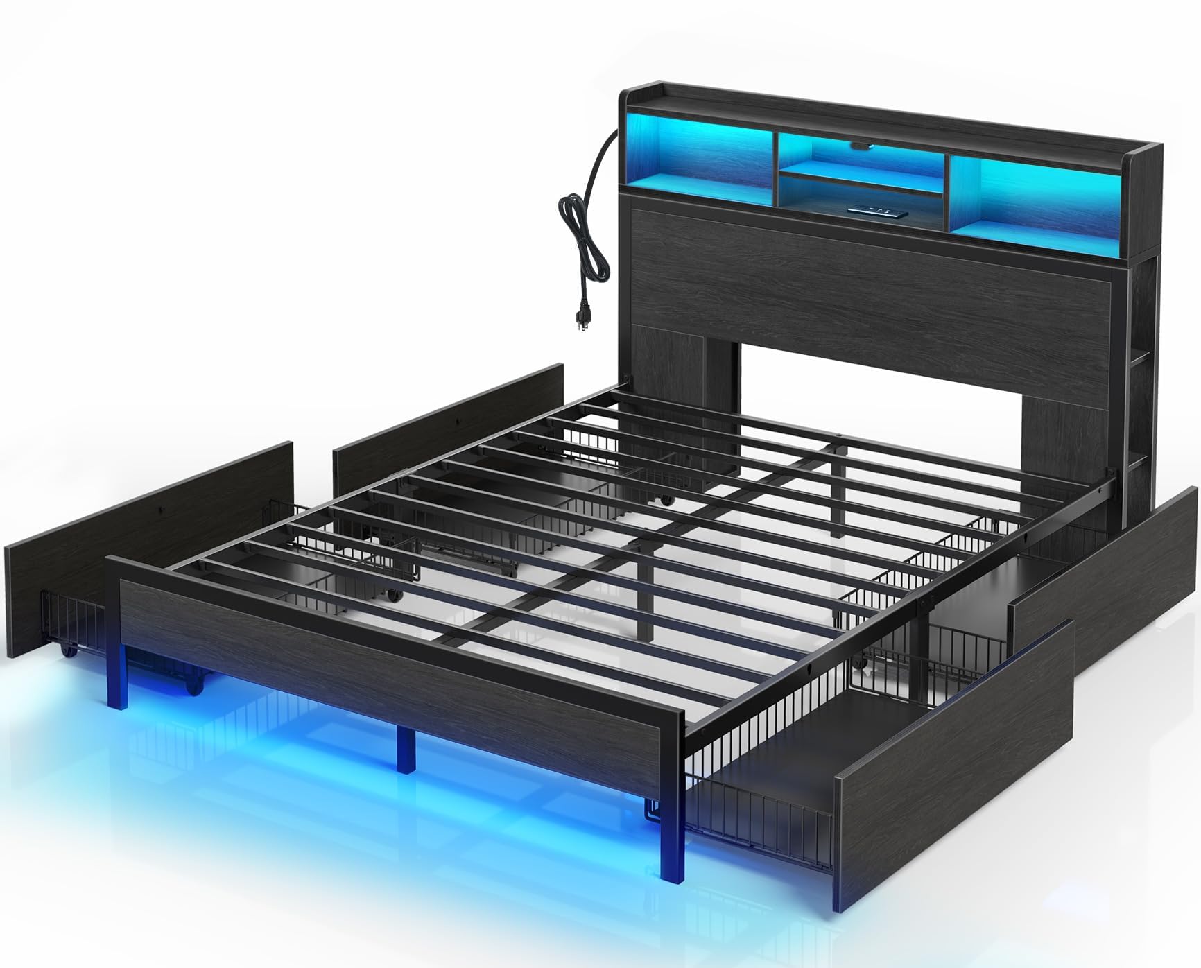 Rolanstar Full Bed Frame with Storage Headboard, Metal Platform Bed with Charging Station, LED, 4 Drawers, Bookcase Storage, No Box Spring Needed, Easy Assembly, Noise-Free, Black