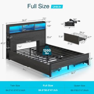 Rolanstar Full Bed Frame with Storage Headboard, Metal Platform Bed with Charging Station, LED, 4 Drawers, Bookcase Storage, No Box Spring Needed, Easy Assembly, Noise-Free, Black