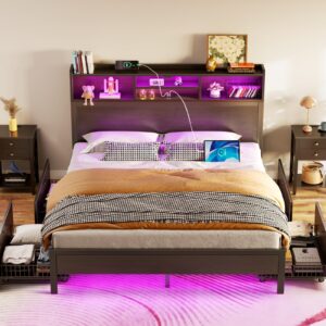 Rolanstar Full Bed Frame with Storage Headboard, Metal Platform Bed with Charging Station, LED, 4 Drawers, Bookcase Storage, No Box Spring Needed, Easy Assembly, Noise-Free, Black