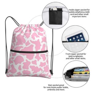 Famame Pink Cow Print Drawstring Backpack String Bag Sackpack For Gym Shopping Beach Sport Yoga