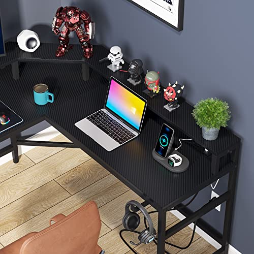 LITTLE TREE L Shaped Gaming Desk: Computer Desk with Power Outlet & LED Stripe, Modern Coner L Desk with Storage Shelves for Home Office - Black