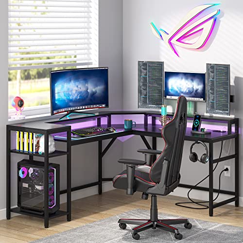 LITTLE TREE L Shaped Gaming Desk: Computer Desk with Power Outlet & LED Stripe, Modern Coner L Desk with Storage Shelves for Home Office - Black