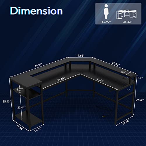 LITTLE TREE L Shaped Gaming Desk: Computer Desk with Power Outlet & LED Stripe, Modern Coner L Desk with Storage Shelves for Home Office - Black