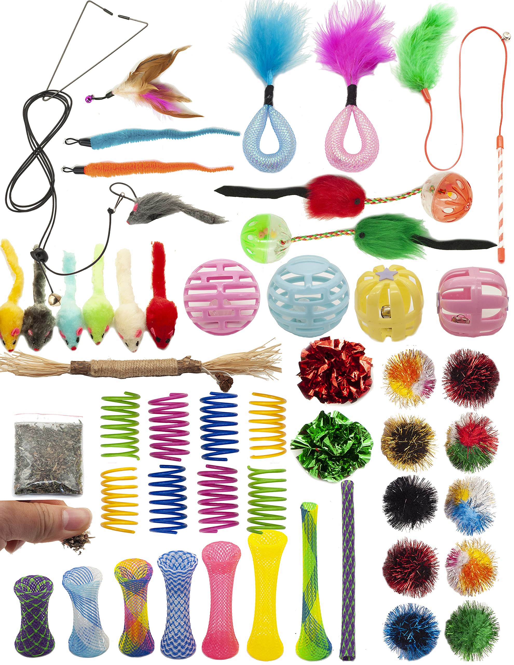 Fashion's Talk Cat Toys 50 Pcs for Indoor Cats,Interactive Door Hanging Mice Feather Toy Cat Spring Toy Cat Wand Catnip Crinkle Balls Silvervine Sticks Balls Kitten Toys Bulk