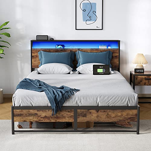 LINSY Queen Bed Frame with Ergonomic Headboard, Fast Assembly Industrial Bed Frame Queen Size with Lights & Charging Station, Platform Metal Bed Frame Queen with Storage, Rustic Brown